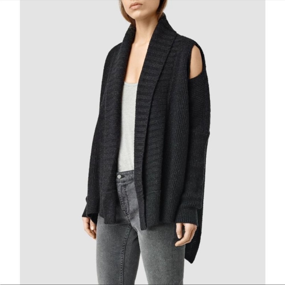 All Saints Wool Alpaca Blend Long Sleeve Cold Shoulder Cardigan